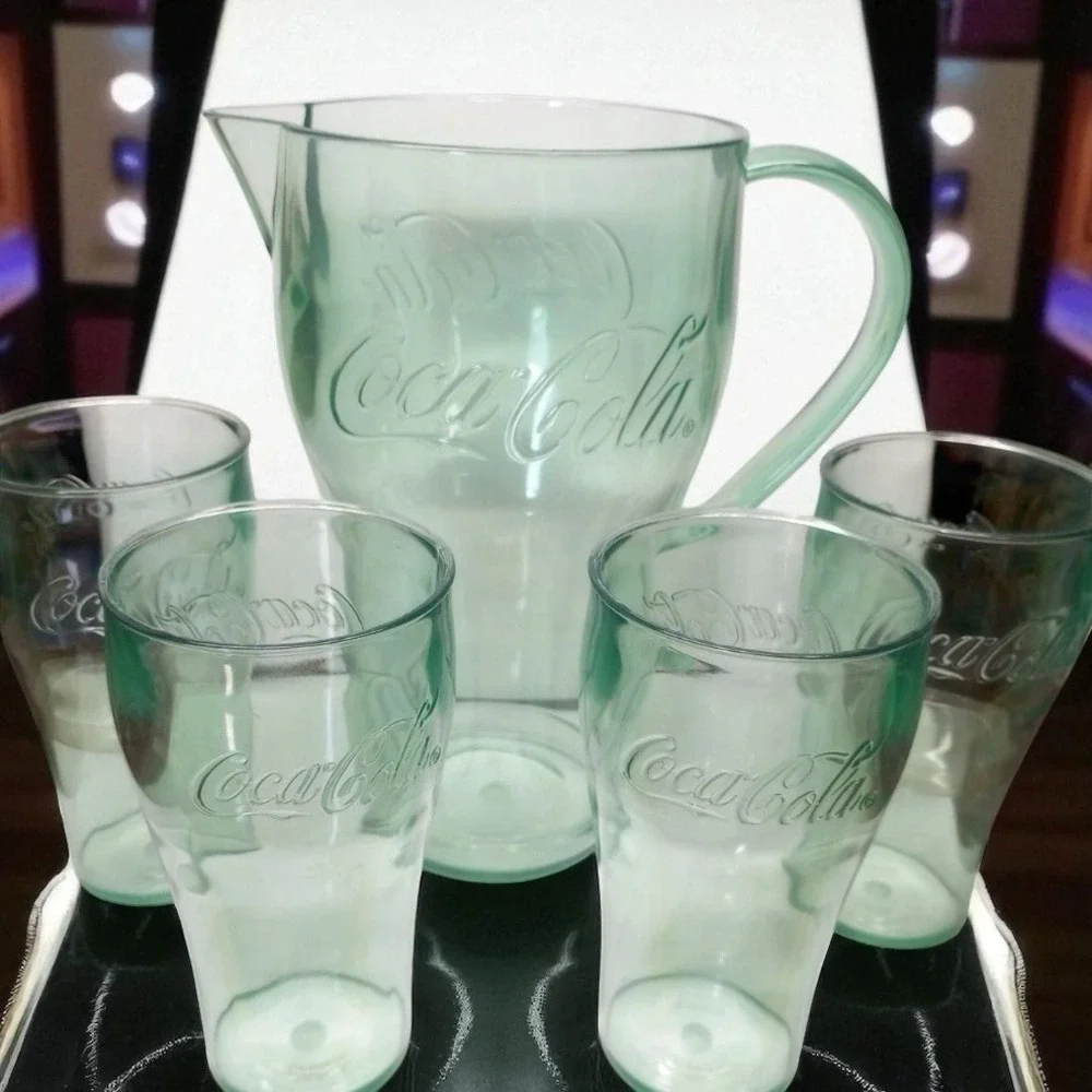 NIB Coca-Cola Bell Soda Set 5 Piece Pitcher & 4 Drinking Cups Plastic VTG NOS